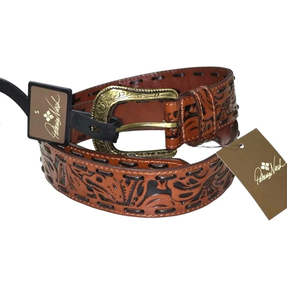 Patricia Nash Amelia Western Tooled Leather Belt Rich‎ Brown Size L NEW MSRP $79
